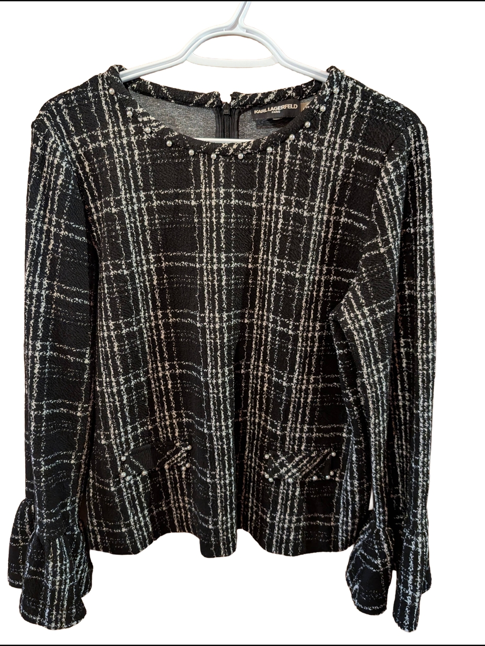 Karl Lagerfeld Women's Black & White Plaid Long-Sleeve Top
